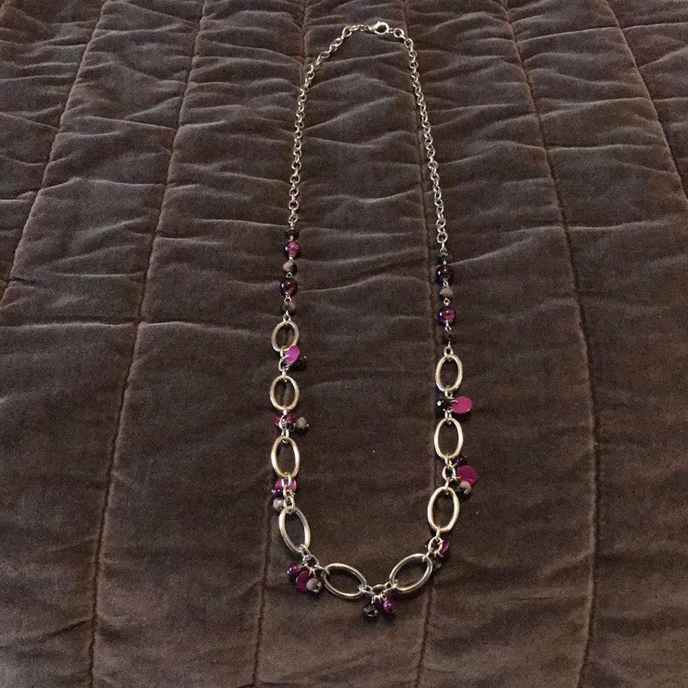 Silver tone necklace with purple beads